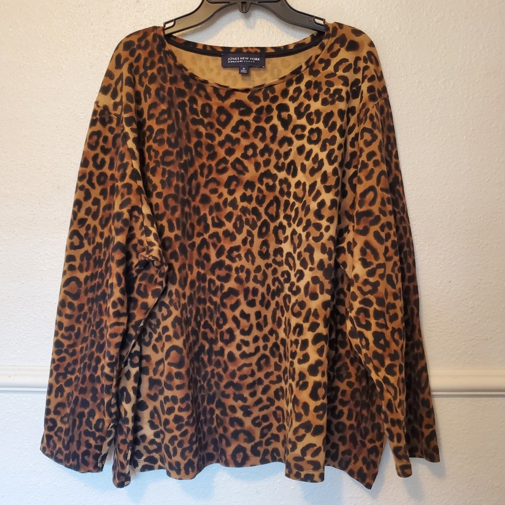 Jones New York Signature Woman Leopard Print Long Sleeve Top Brown 3X Animal